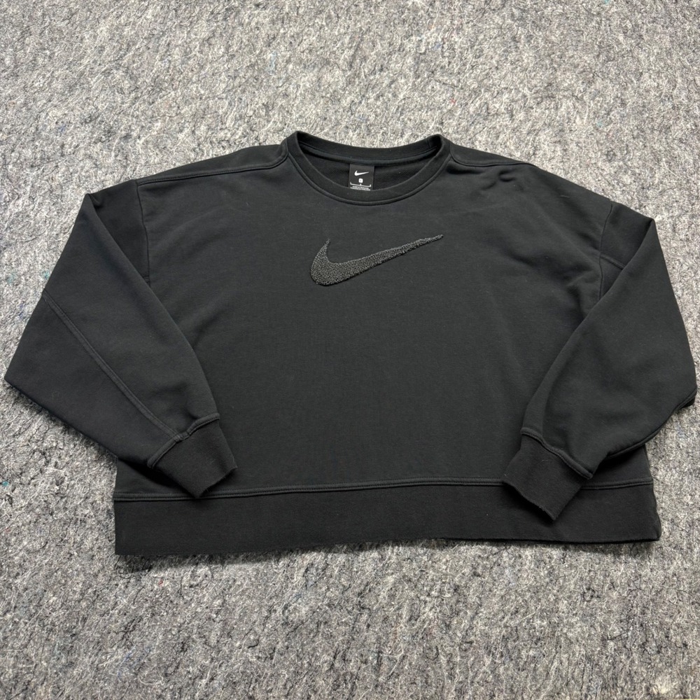 Nike Women Black Fleece Crewneck Sweatshirt Chenille Swoosh DJ0774-010 Large‎